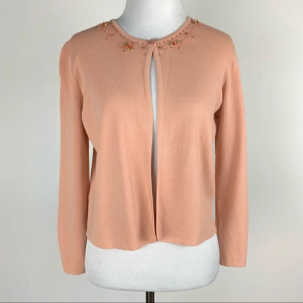 Studio I sweater sz 8 peach knit floral beaded cardigan Grannycore vintage 90s
